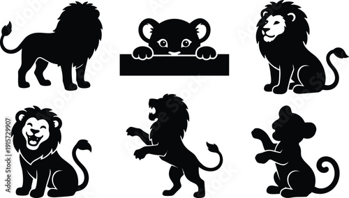 Flat design lion silhouette icon set six poses including standing sitting roaring playful cub peeking over bar clean vector art