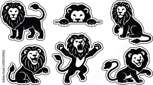 Mascot sticker vector set of six black and white lion icons showing front facing crouching roaring playful regal walking sitting