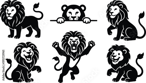 Silhouette style six lion emblems in varied poses roaring peeking sitting walking jumping and playful with bold manes looking forward