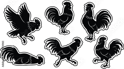 Flat design black rooster sticker set showing multiple poses side view flying standing running close up bold outline vector silhouette