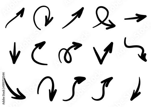 Hand drawn crayon arrow collection. Vector elements with wax pastel texture. Brush stroke curly arrows for kids design, school projects and creative highlights isolated on white background.