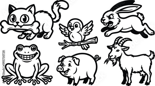 Line art cartoon animal set with cat holding bone rabbit jumping bird perched pig smiling goat standing frog grinning playful