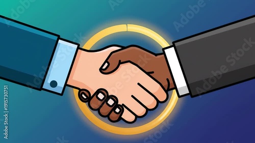 Illustration of two people shaking hands in a business setting.