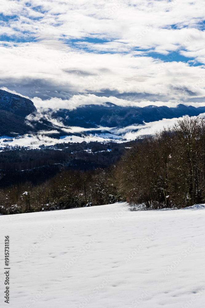Obraz premium Saint-Julien-en-Vercors Plateau and the Southern Vercors mountains covered in snow in winter, seen from the ruins of La Goulandière hamlet in Rencurel