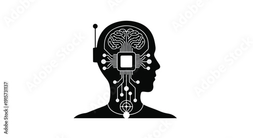Black silhouette of human head with brain and neural connections, symbolizing artificial intelligence and technology concept
