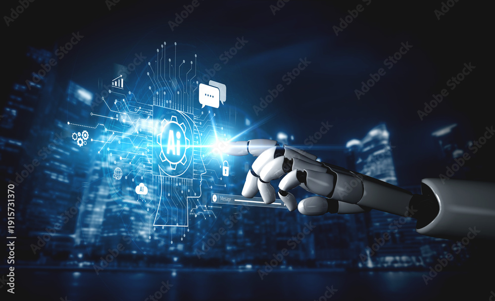 Fototapeta premium AI Virtual Assistant Artificial Intelligence Chatbot Controlled by Prompt Engineering for Explainable Generative AI information and LLM Deep Learning Technology for Smart Business Work Support. Vouch