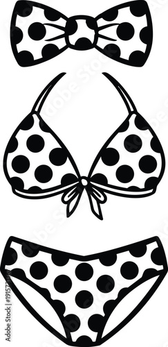 Flat design polka dot bikini with matching bow top and high waist bottom front view isolated line art summer beachwear