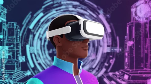 Man wearing virtual reality headset with futuristic cityscape background.