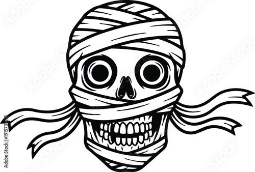 Tattoo flash mummy skull wrapped in bandages grinning facing camera centered isolated bold line art vector