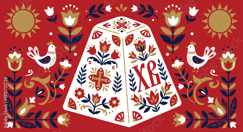 Traditional Ukrainian Easter greeting card in folk art style. Features a white Paska cake with floral ornaments, hens, and sun symbols on a vibrant red background. Flat vector illustration.