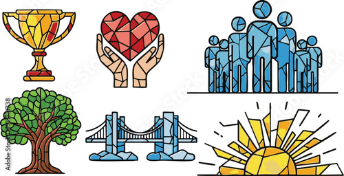 Colorful stained glass style icons representing achievement, love, unity, nature and landmarks.