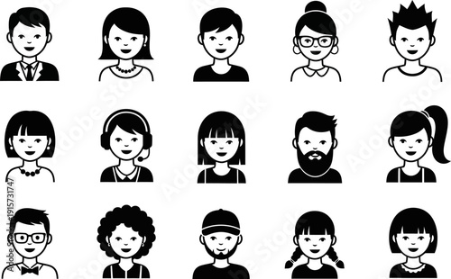 A collection of diverse stylized black silhouettes representing people with varied hairstyles and appearances high quality