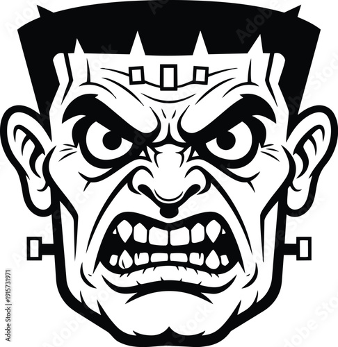 Tattoo flash angry frankenstein monster head close up vector art black and white snarling expression front view bold linework horror