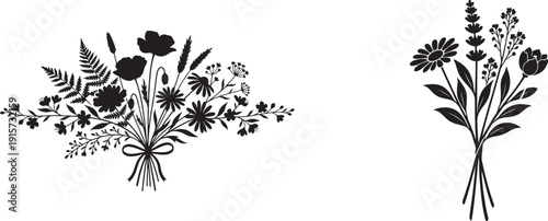 Minimalist Hand Drawn Botanical Floral Silhouette Bouquet Vector