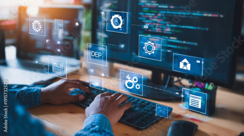 DevOps software development and IT operations programer development concept with dev and ops icon computer screen project manager operation sysadmin.working in agile methodology environment