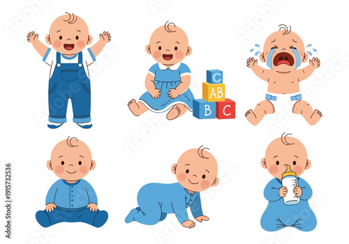 Illustrations of various baby poses and expressions with building blocks nearby high quality professional detailed modern