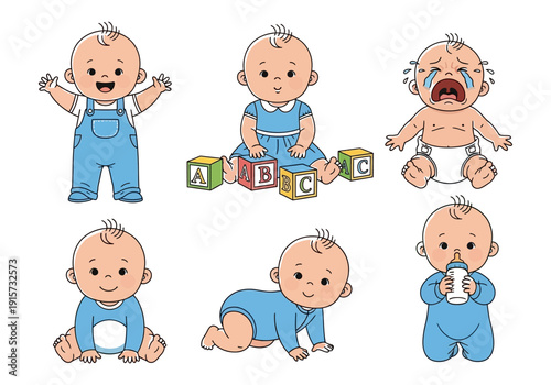 Illustrations of babies in various poses happy crawling crying and playing with blocks high quality professional