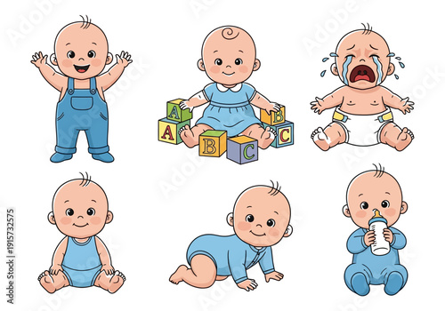 A collection of cartoon babies displaying various emotions and activities with building blocks high quality professional