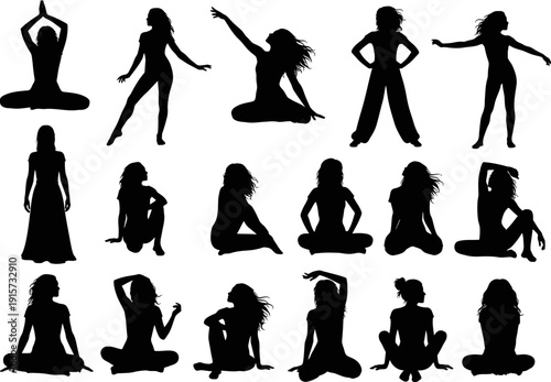 Collection of black silhouettes depicting various yoga poses and human figures high quality professional detailed modern