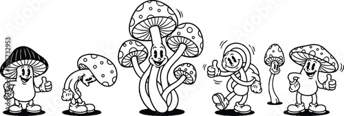 Retro cartoon lineup of smiling mushroom characters giving thumbs up walking and posing in playful parade low angle close up