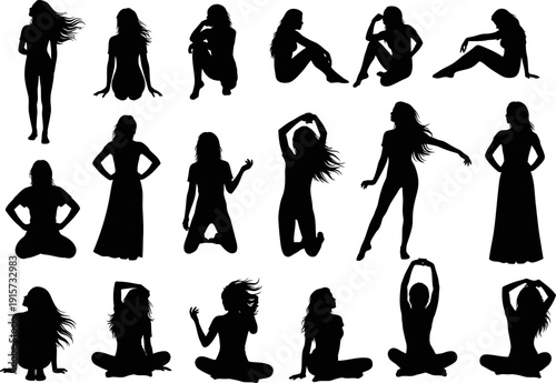 Collection of black silhouette figures depicting various yoga poses and human forms high quality professional detailed