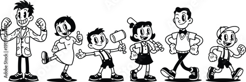 Retro cartoon line art children and adults marching in a row smiling holding toy mallet and thumbs up vintage style