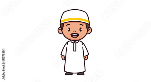 A cheerful cartoon illustration of a young Muslim boy smiling, dressed in a white thobe and a skullcap with a yellow stripe.
