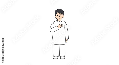 A full-body illustration of a Muslim man standing respectfully with a hand over his chest, wearing a simple white thobe.