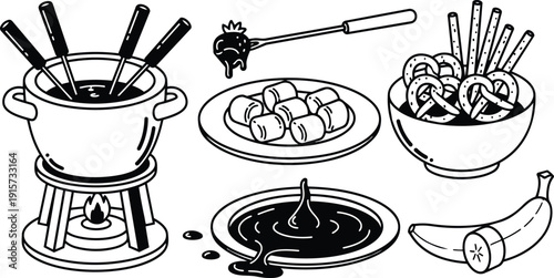 Line art fondue set with marshmallows pretzels banana on plate and bowl close up overhead dipping fork simple black white