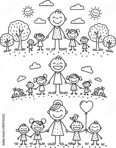 A whimsical doodle illustration depicts three generations of families holding hands and smiling high quality professional