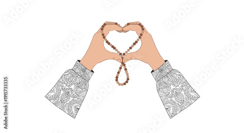 Hands with patterned sleeves form a heart shape around an Islamic prayer bead rosary, known as a tasbih.