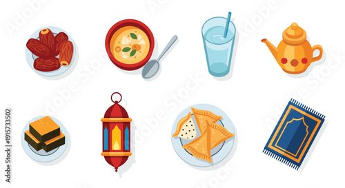 Assortment of Ramadan essentials: dates, soup, water, teapot, sweets, lantern, samosas, and a prayer mat.
