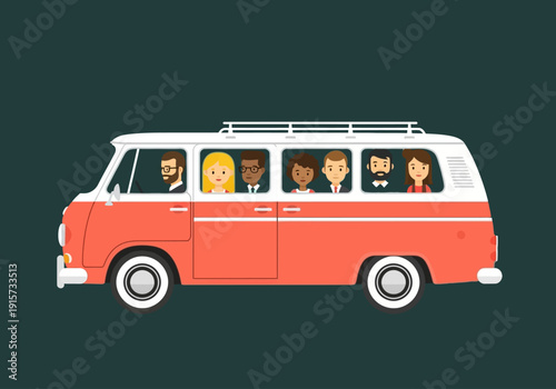 A brightly colored vintage van is filled with a diverse group of smiling people high quality