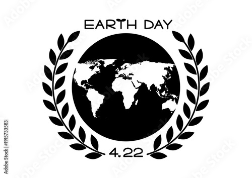 アースデー黒アイコン 葉の飾りと地球