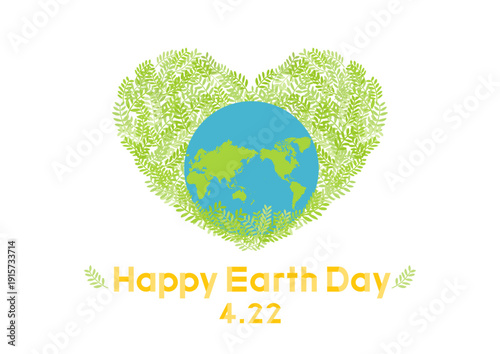 アースデーのイラスト 葉のハートと世界地図