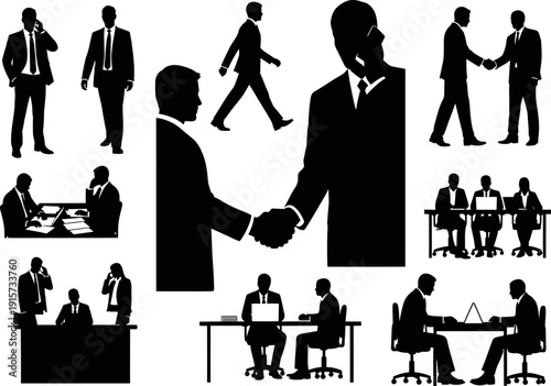 Collection of black silhouette images depicting various business interactions and professional scenes high quality detailed modern
