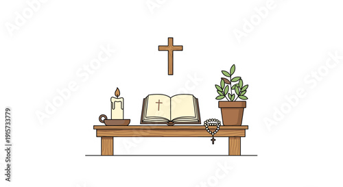 A Christian altar features an open bible, a lit candle, a rosary, and a plant on a wooden table.