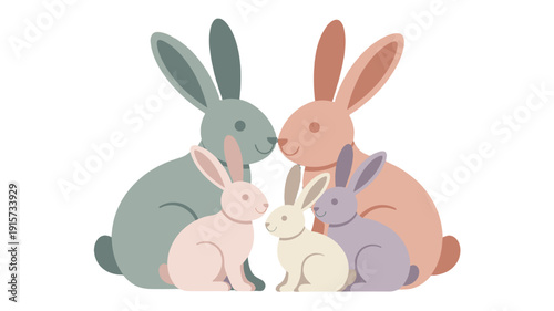 A family of rabbits showing affection.