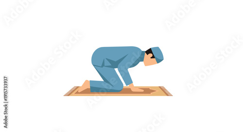 A Muslim man in a blue thobe and cap performing sujud, prostrating during prayer on a brown mat.