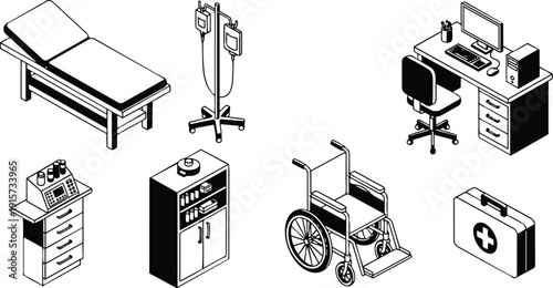 Isometric medical equipment set showing wheelchair iv stand exam table and clinical desk in simple line art front view details