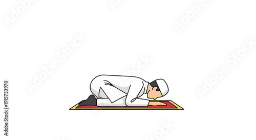 A Muslim man in a white thobe and cap performing sujud, prostrating during prayer on a red mat.