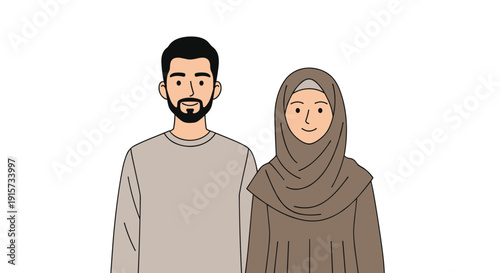 A smiling Muslim man with a beard and a woman wearing a hijab, both dressed in neutral colors and standing together.