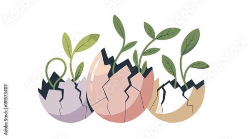 New life emerges from shattered eggshells, symbolizing growth and renewal.