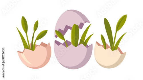A visual representation of new life sprouting, with plants emerging from cracked eggshells.