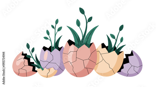 A colorful illustration of growing plants from broken eggs.
