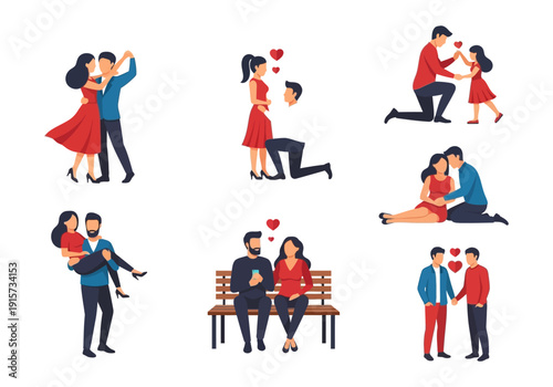 Romantic couples in various poses proposals embraces and affectionate moments depicted as vector illustrations high quality