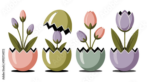 Easter-themed Illustration with Colorful Eggshells and Tulips.