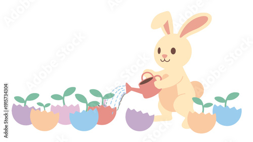 A charming illustration of a rabbit watering sprouts in eggshells.