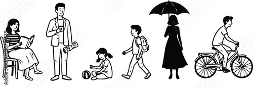 Line art vector set of side view people reading man with coffee girl playing ball boy walking woman umbrella cyclist