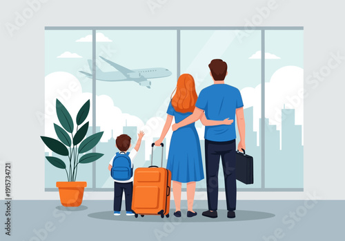 Family watches an airplane taking off from an airport window a young child waves excitedly